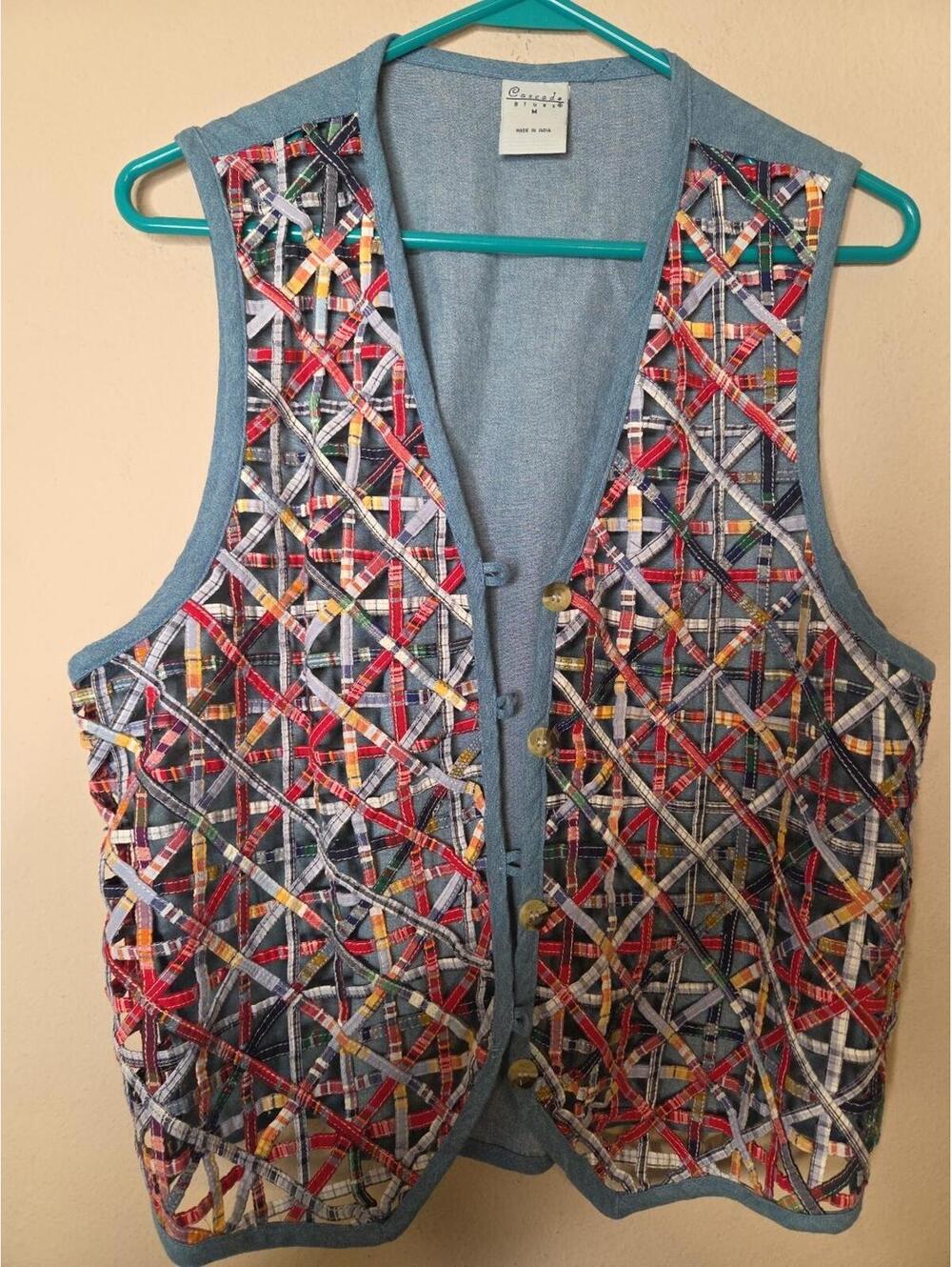 Cascade Blues Vintage Patchwork Woven Vest 90's M Unique - Picture 2 of 4